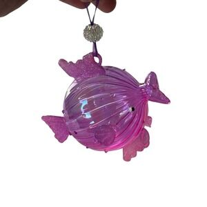 Vtg Blown Glass Puffer‎ Fish Swan Top Jeweled Christmas Ornament Pink Swimming